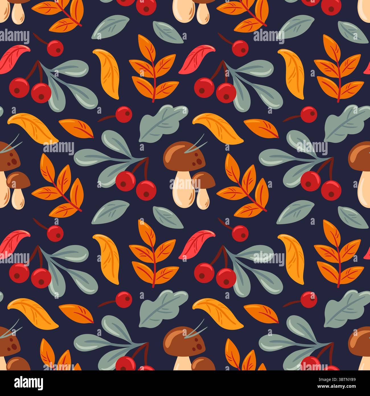 Diese Vektor-Illustration zeigt ein nahtloses Herbstmuster mit bunten Blättern, bezaubernden Pilzen und lebendigen Beeren. Perfekt für saisonales Design Stock Vektor