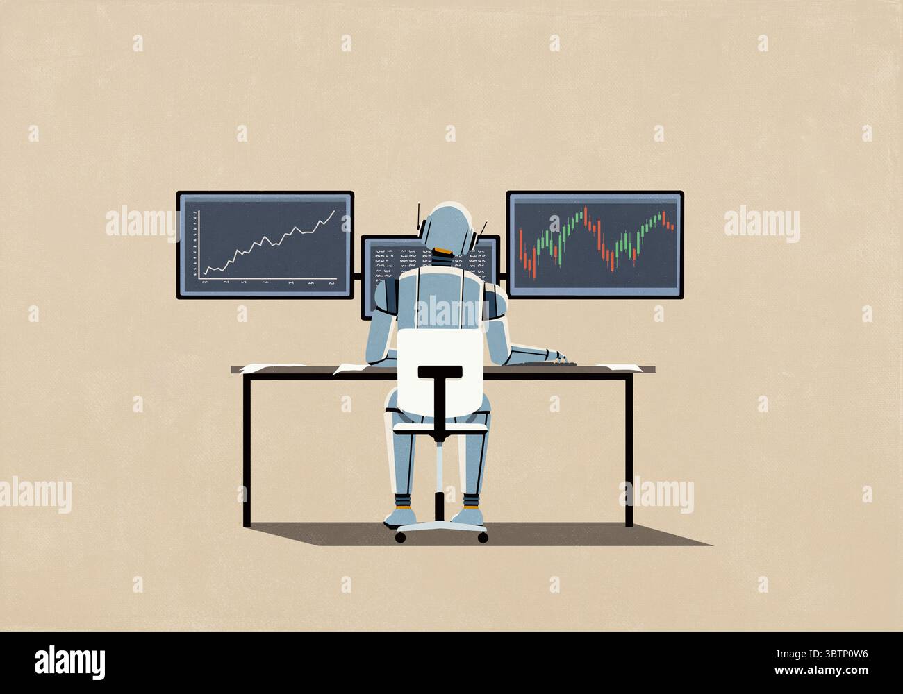 Humanoider Roboter, der an Computermonitoren mit Finanzdaten arbeitet Stockfoto