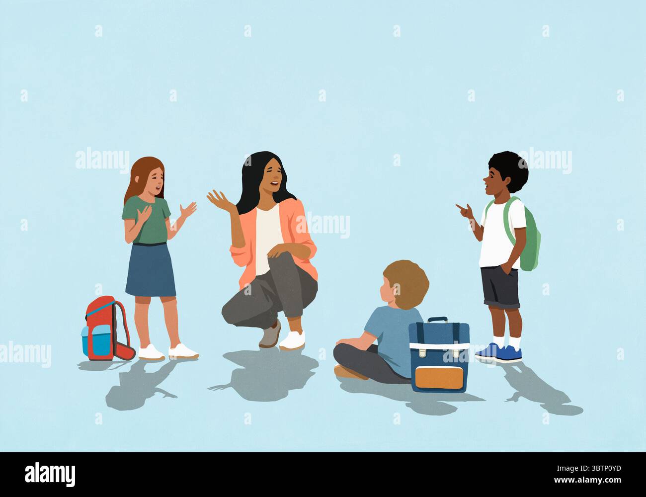 Lehrerin und multirassische Schulkinder im Gespräch vor blauem Hintergrund Stockfoto