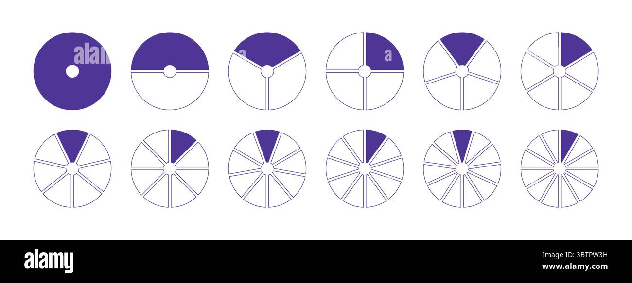 Kreise in Diagramme 1, 2, 3, 10, 7, 8, 9, 10, 11, 12 gleiche Teile. Symbole für lilafarbene Diagramme, Pizzaform und Diagramme. Coaching leer Stock Vektor