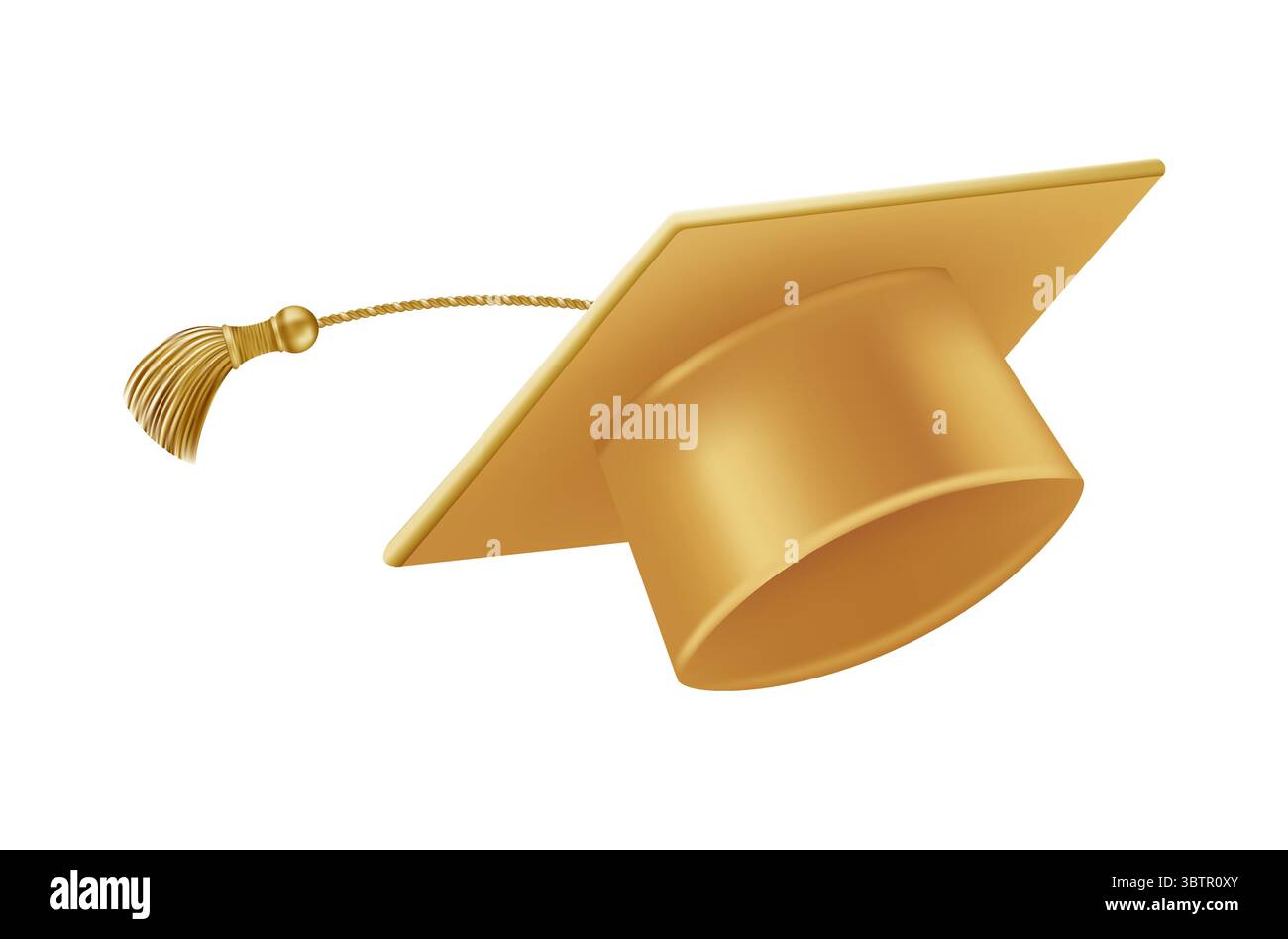 Abschlussfeier. Fliegende goldene Graduiertenhüte mit Quasten. Stock Vektor