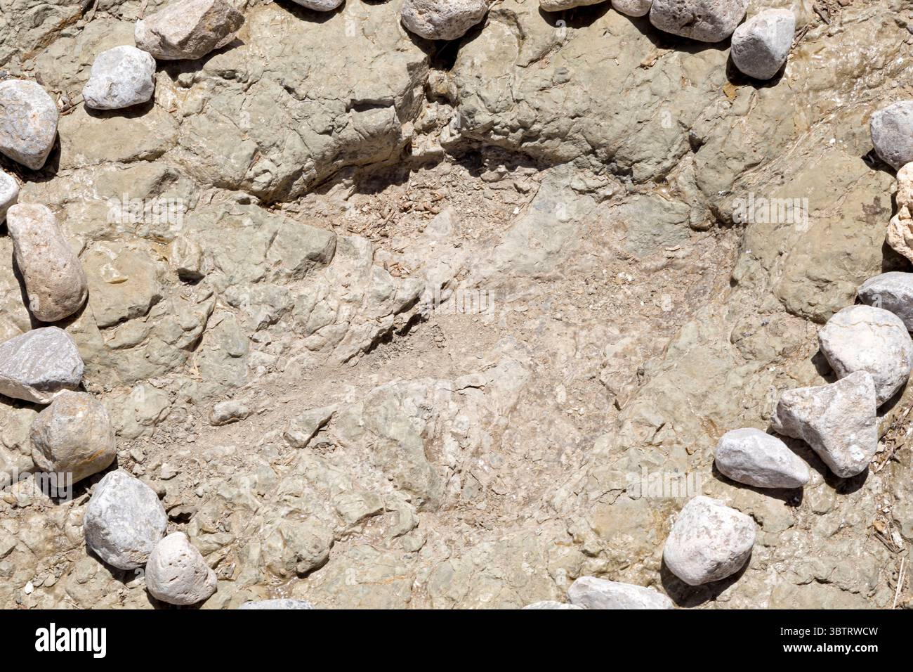 Ein Ort mit fossilen Dinosaurierspuren während eines Besuchs des Turritelas National Park, einem paläontologischen Park, in der Wüste, San Juan Raya, Puebla, Mexiko Stockfoto