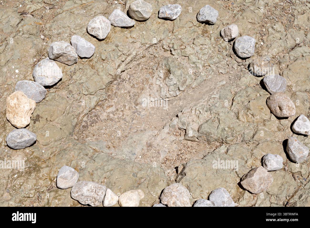 Ein Ort mit fossilen Dinosaurierspuren während eines Besuchs des Turritelas National Park, einem paläontologischen Park, in der Wüste, San Juan Raya, Puebla, Mexiko Stockfoto