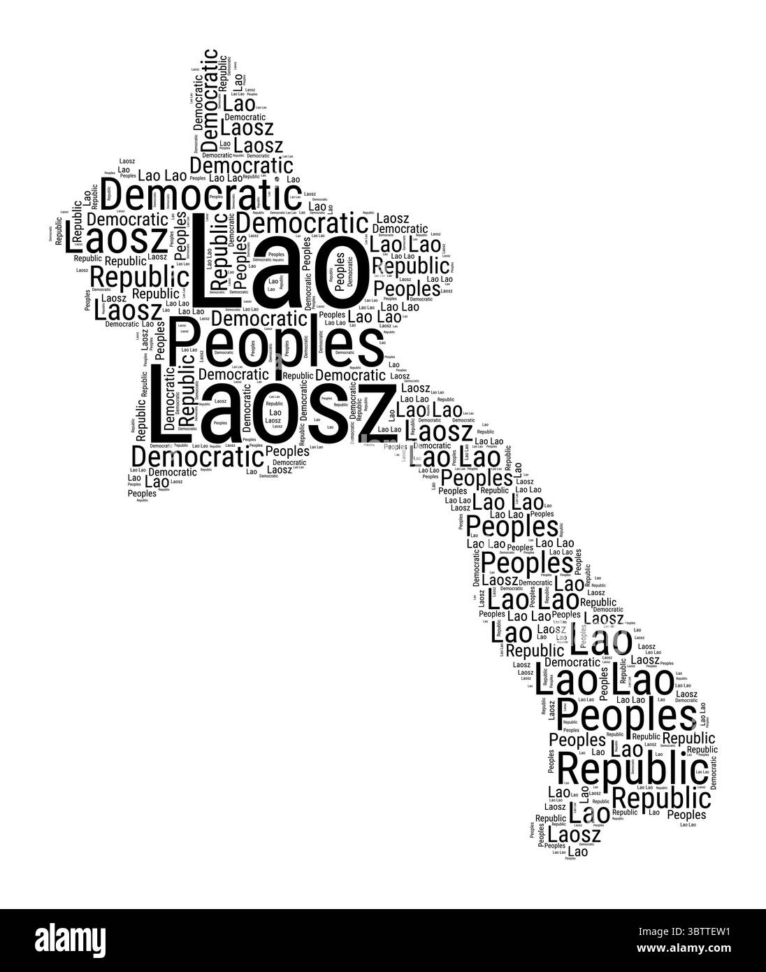 Schwarz-weiße Wortwolke in Laos-Form. Einfache typografische Darstellung des Landes. Schwarze Wolke aus Laos auf weißem Hintergrund. Stock Vektor