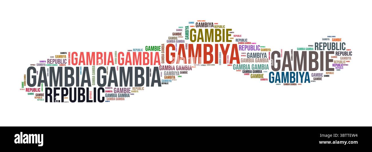 Gambia Country Shape Wortwolke. Typografie-Stil Länderdarstellung. Gambia-Bild im Textwolkenstil. Vektorabbildung. Stock Vektor