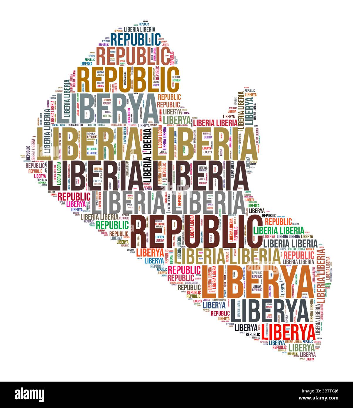 Liberia Country Shape Wortwolke. Typografie-Stil Länderdarstellung. Liberia-Bild im Text-Cloud-Stil. Vektorabbildung. Stock Vektor