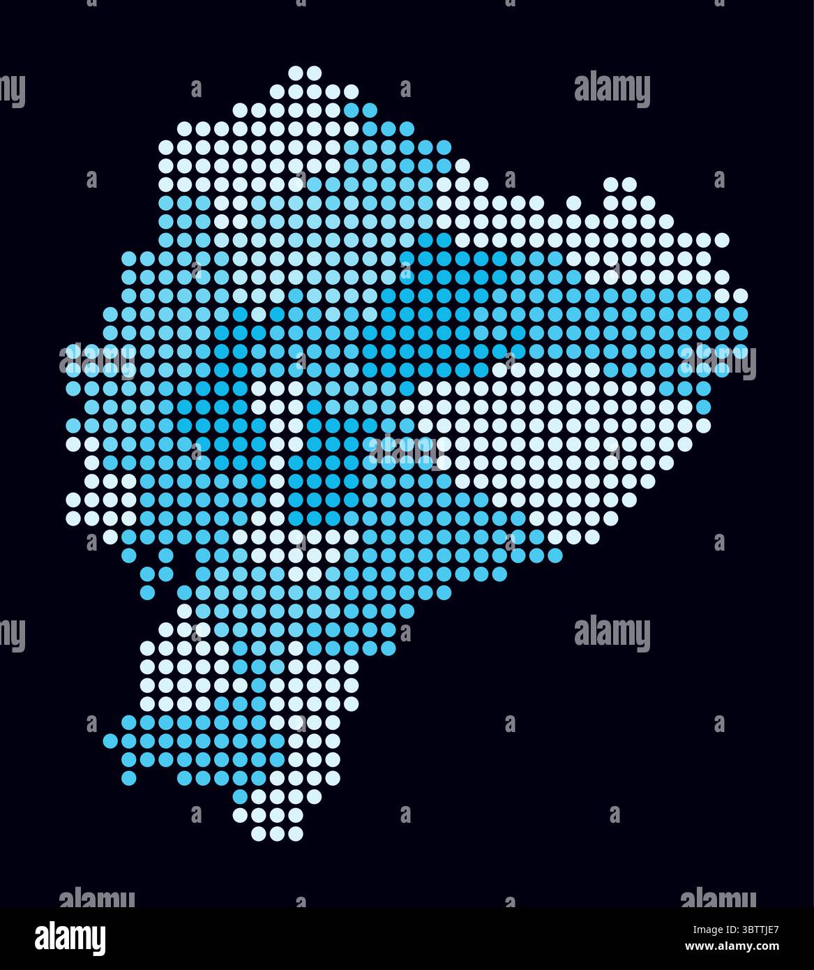 Gepunktete Karte Ecuador. Digitale Landkarte des Landes auf dunklem Hintergrund. Ecuador-Form mit Kreispunkten. Farbige Punkte. Große Kreise. Stock Vektor
