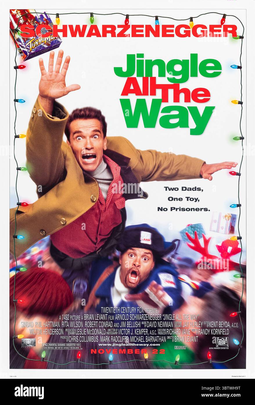 Jingle All the Way (1996) von Brian Levant mit Arnold Schwarzenegger, Sinbad und Phil Hartman. Eine Weihnachtskomödie über die verzweifelte Suche eines Vaters, das heißeste Spielzeug der Saison für seinen Sohn zu finden, während er gegen einen übereifrigen Postarbeiter antritt. Foto eines Original-Posters aus dem Jahr 1996 (USA), das NUR FÜR REDAKTIONELLE ZWECKE VERWENDET WIRD. Quelle: BFA / Twentieth Century Fox Stockfoto