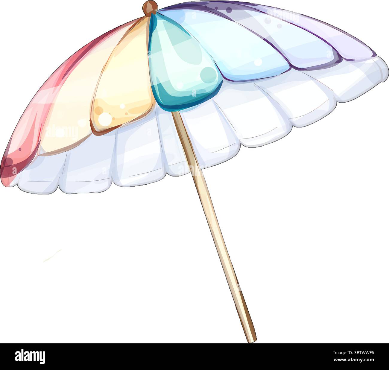 Der farbenfrohe Sonnenschirm bietet Sonnenanbetern Schatten, die Sommertage am Meer genießen, während sie einen fröhlichen Urlaub und festliche Anlässe inmitten der warmen Jahreszeit verbringen Stock Vektor