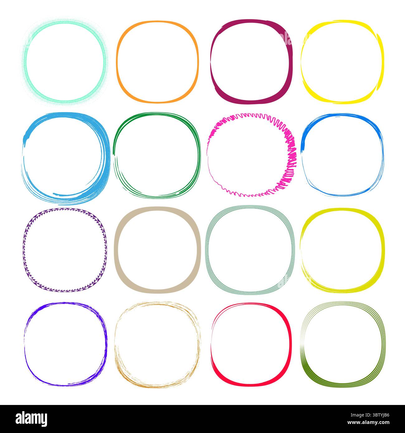 Bunte quadratische Rahmen. Abstrakte abgerundete Ecken. Leuchtende Konturränder. Vektorgrafik-Elemente. Stock Vektor