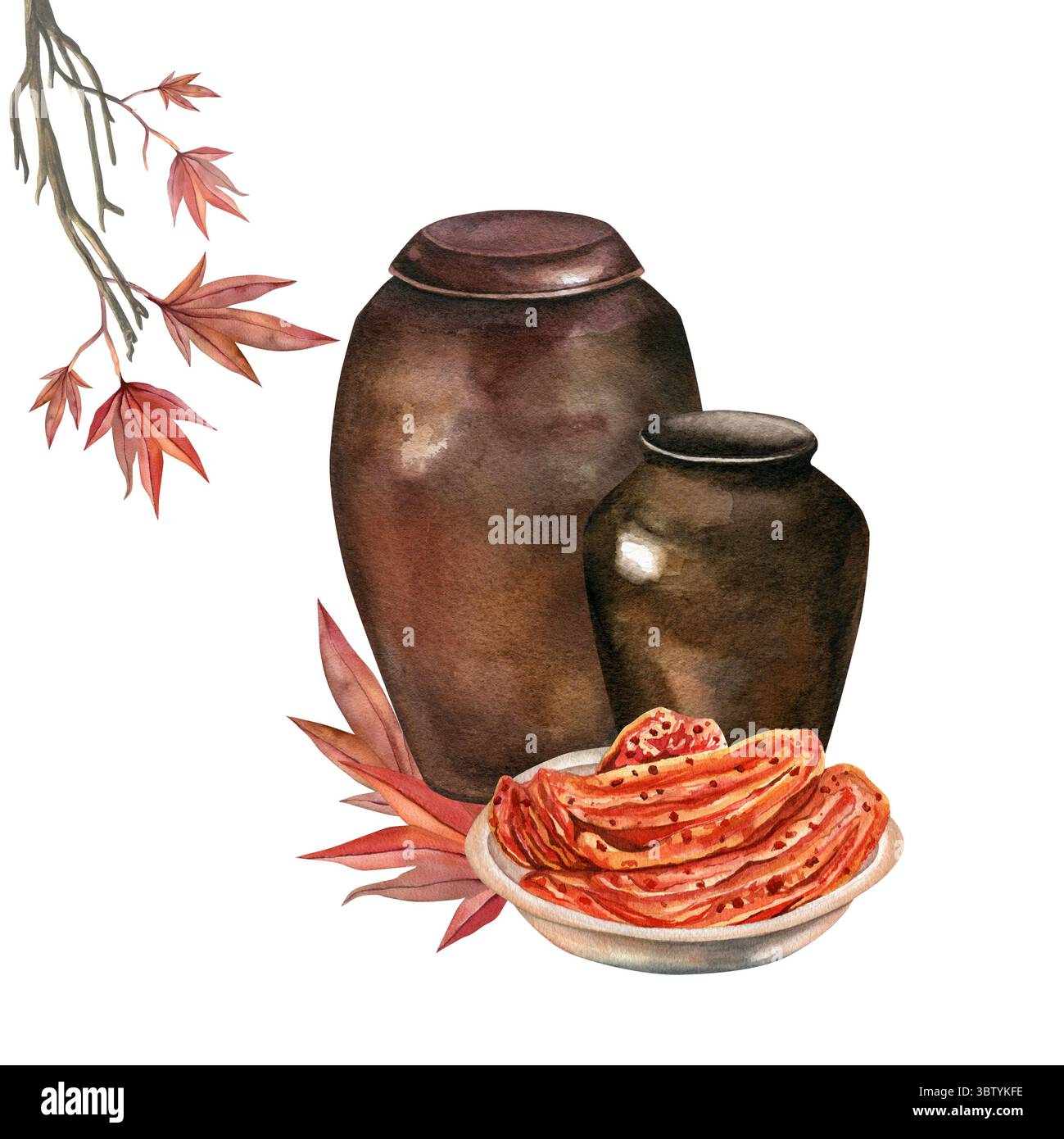 Kimchi in einer Schüssel mit Kochfässern und japanischem Ahorn. Aquarellzusammensetzung auf transparentem Hintergrund. Handgezeichnet, für Einladungen, Karten und Stockfoto