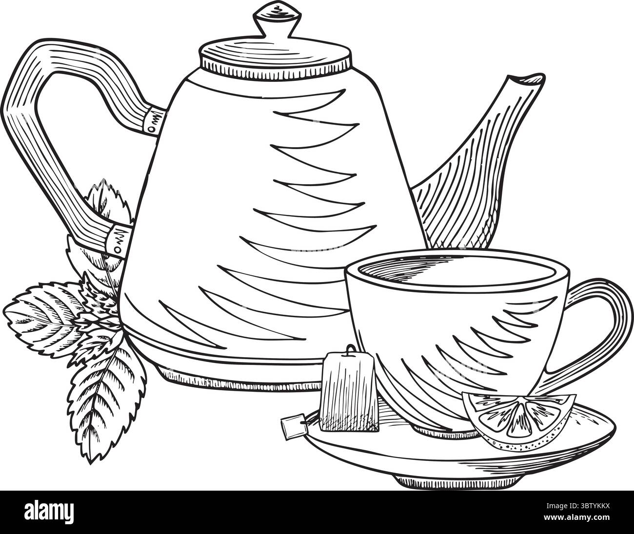 Vektorzusammensetzung von Teekanne, Tasse mit Untertasse, Zitronenscheibe, Minzblättern und Teebeutel. Handgezeichnete Illustration mit Tinte, Schwarzweiß-Umriss, für Poster Stock Vektor