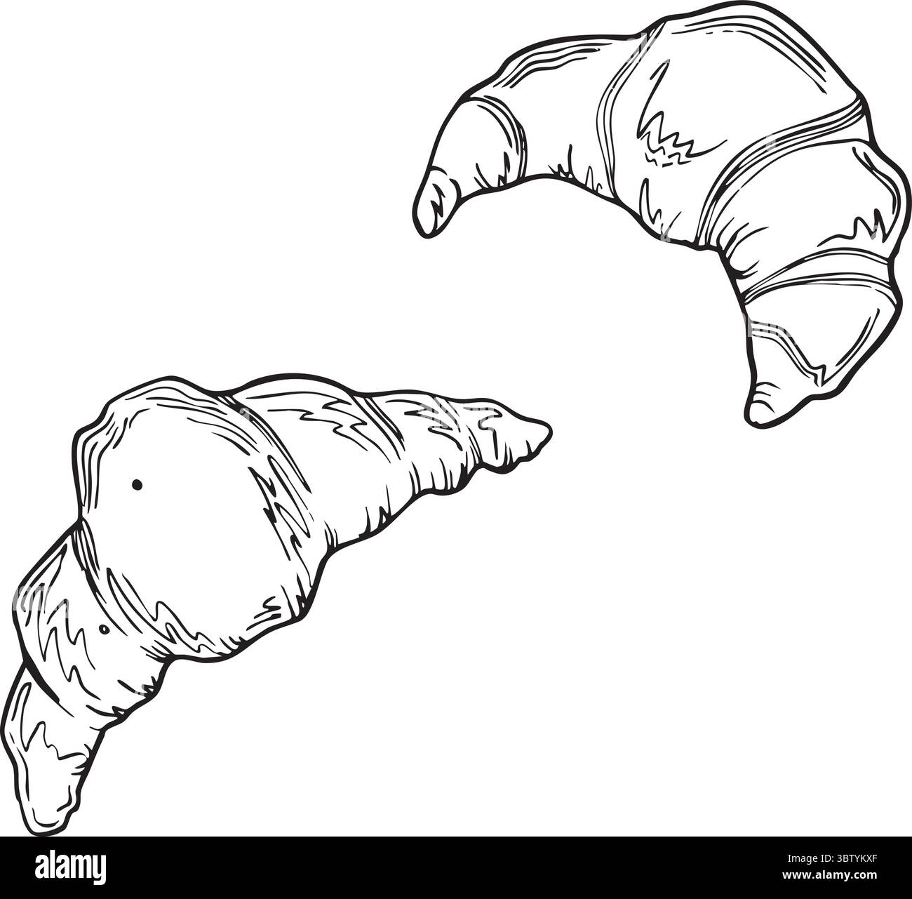 Croissants in handgezeichnetem Stil Set, Bäckereiskizze, Croissant in schwarzer Umrandung. Nahrungsmittelelemente Zeichnung, Vektorillustration isoliert auf weißem Hintergrund Stock Vektor