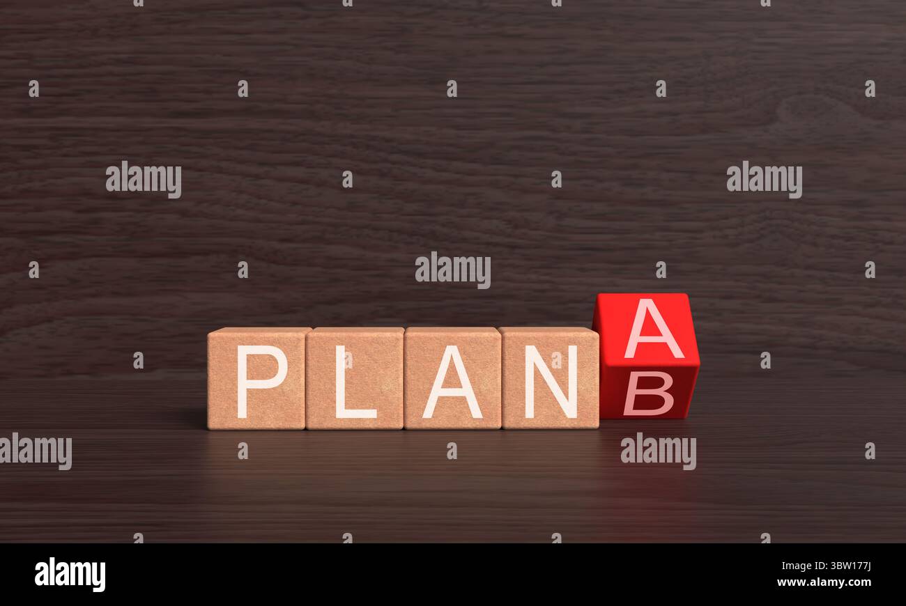 Planen Sie einen Plan b Würfel Block Holz quadratisch Kopierfläche Geschäftsstrategie Ideenplan einen Plan b Wahl Erfolg Lösung Problem 2025 2026 Plan b Entscheid planen Stockfoto