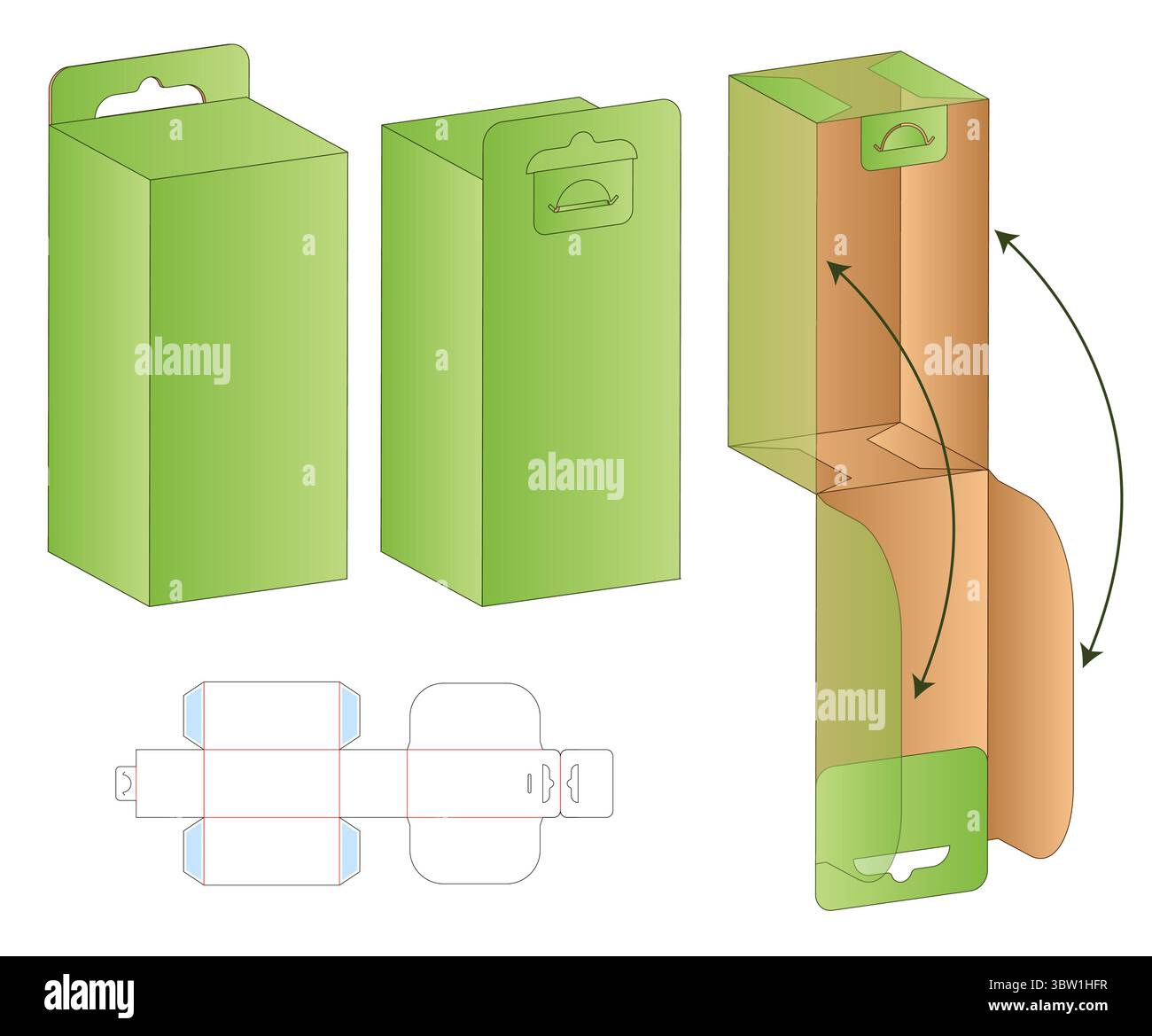 Flache Schablone für hängende Box mit Dieline mit Schnitt- und Falzlayout Stock Vektor