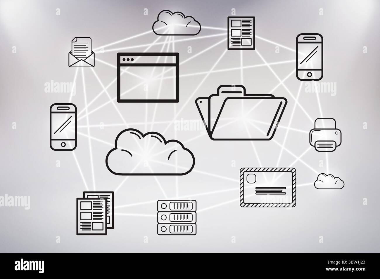 Darstellung eines flachen zentralen Cloud-Netzwerks, das Geräte und Datensymbole über einem hellgrauen Gradienten verbindet Stockfoto