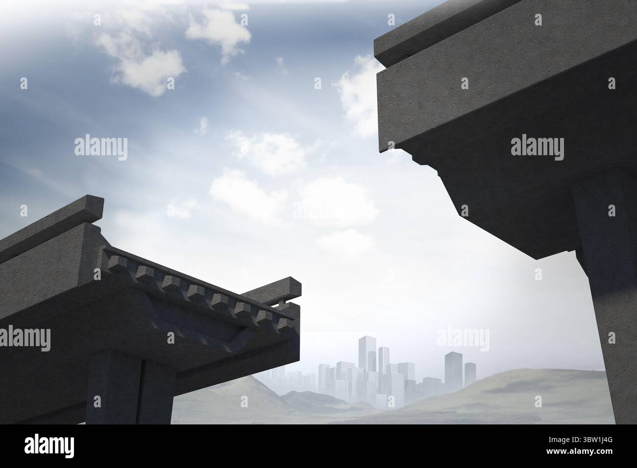 Zerbrochene Übergangsegmente ragen in ein flaches Design mit weit entfernter Skyline und sanften grasbewachsenen Hügeln Stockfoto