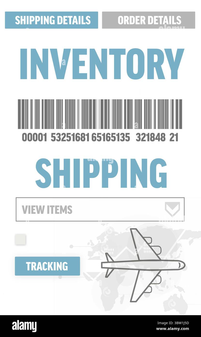 Infografik-UI mit Lagerbestand, Versandregisterkarten, Barcode und Trackschaltfläche Stockfoto
