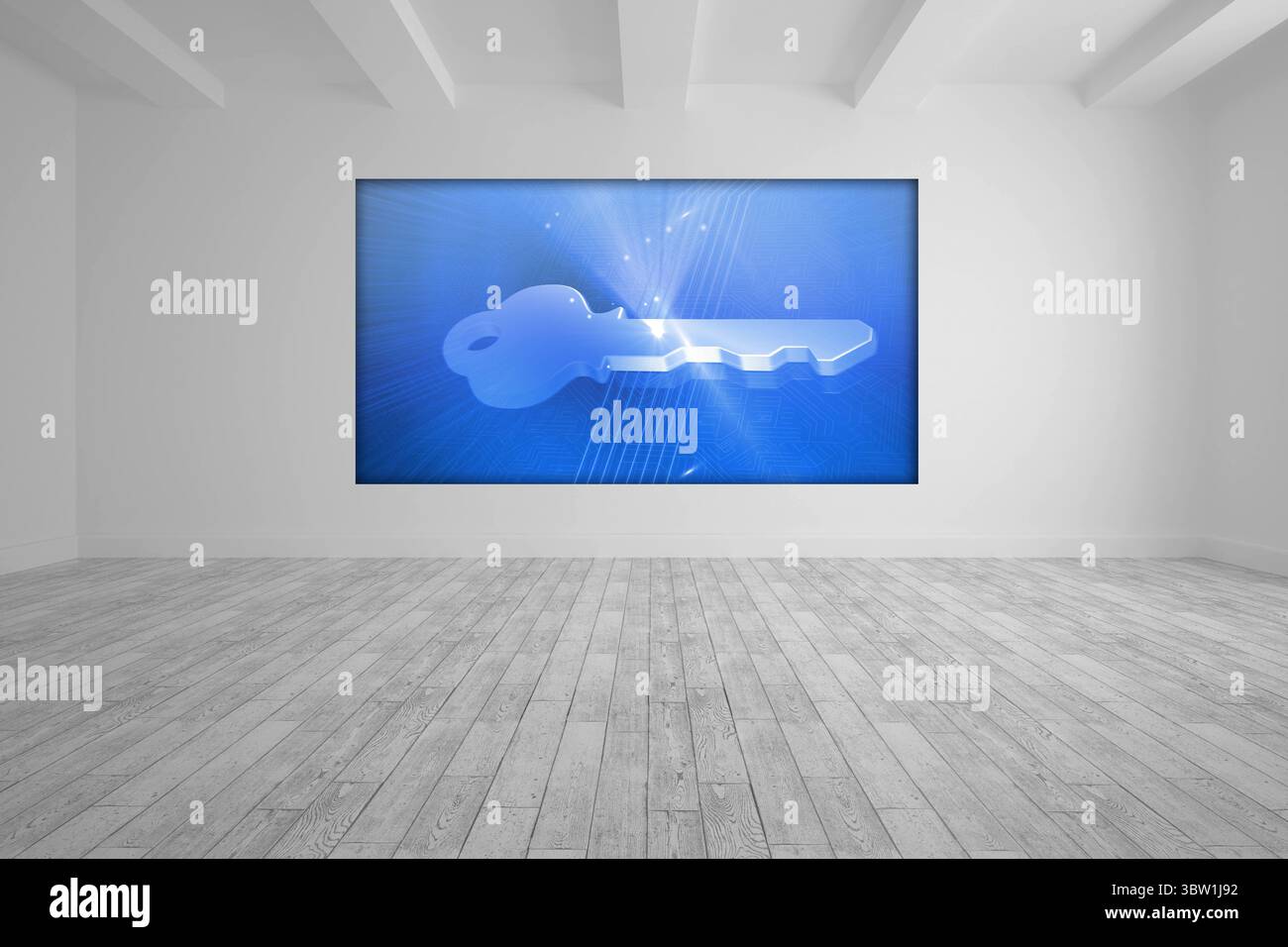 Weißer Raum mit blauen Bild Schlüssel Stockfoto