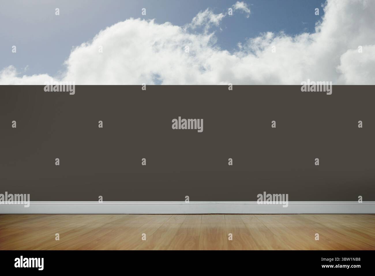 Die leere zweifarbige Wand ist im minimalistischen Innenraum mit Himmelgemälde und Hartholzboden zu sehen Stockfoto