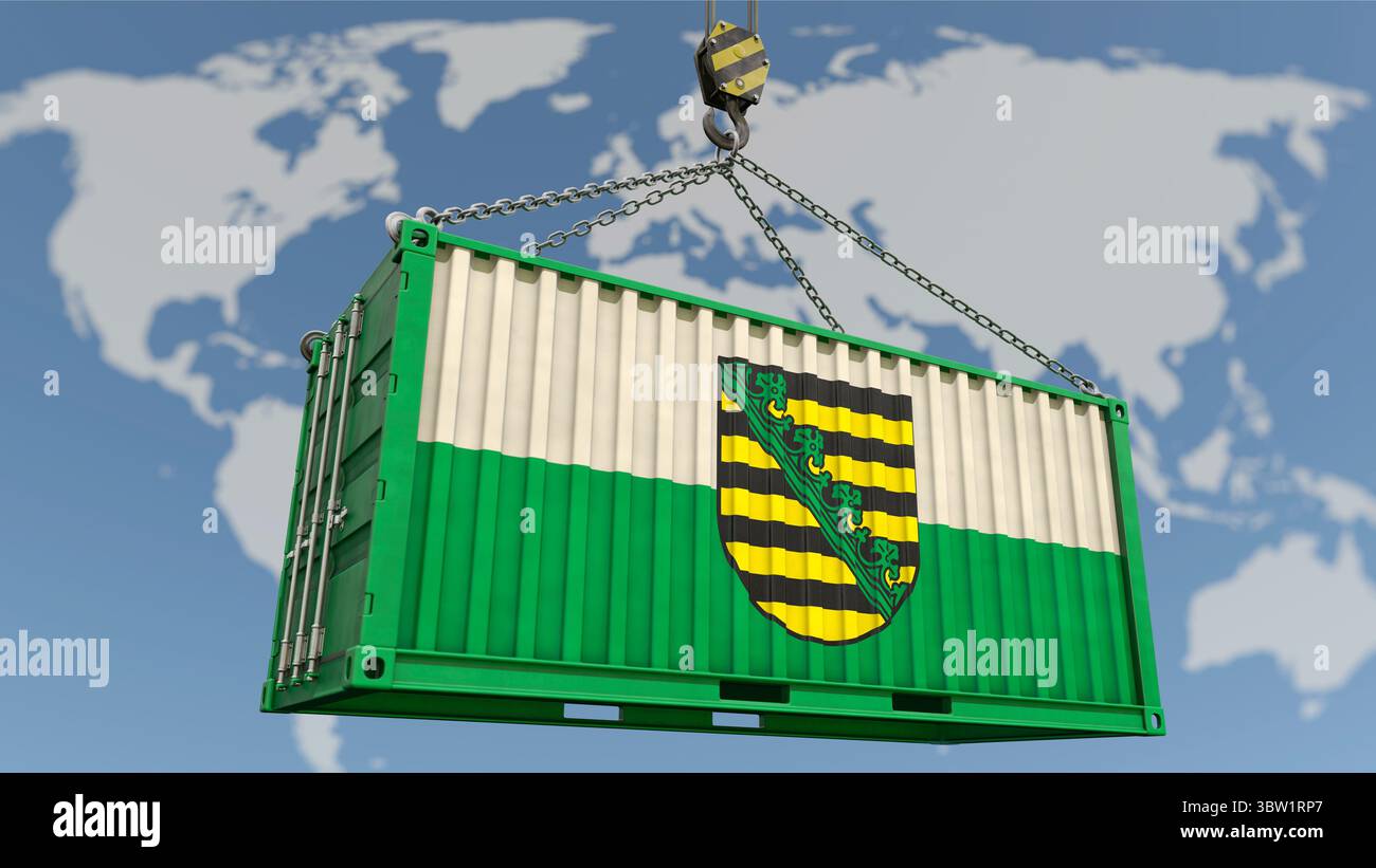 Saxonia Export Economy - Container mit Saxonia Flagge und Weltkarte im Hintergrund Stockfoto