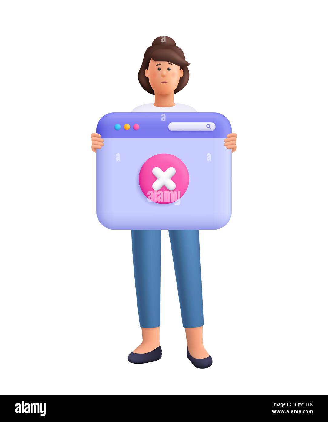 Traurige Frau Jane, die ein großes Webbrowserfenster mit einem Fehlersymbol hält. Websitefehler, Fehlerkonzept. 3D-Vektor-Person-Charakter. Minimaler Zeichentrickfilm Stock Vektor