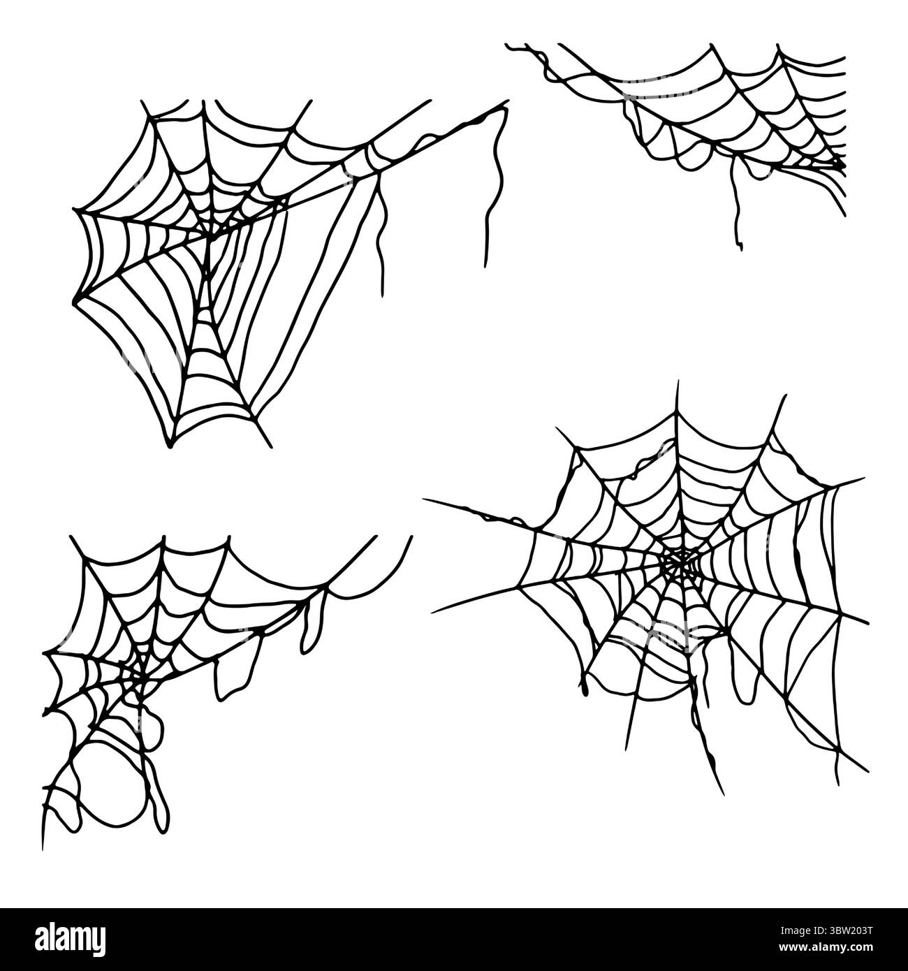 Spinnennetz, Satz Silhouetten, Skizze mit schwarzer und weißer Tinte. Vektorabbildung. Traditionelle Einrichtung ist eine Halloween-Feier, isoliert auf einem weißen Stock Vektor