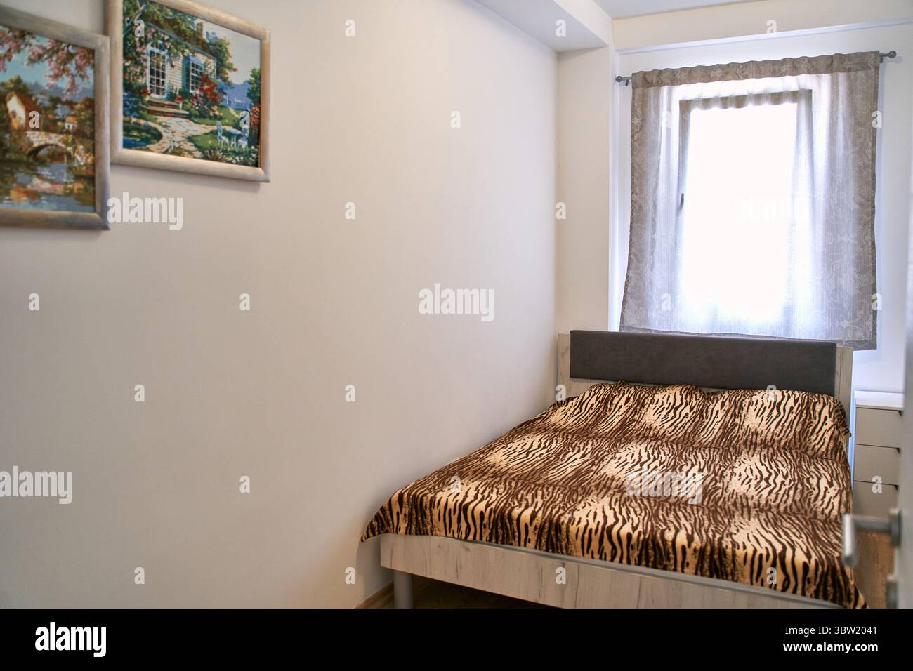 Ein minimalistisches Schlafzimmer mit Bettüberwürfen mit Zebramuster, gerahmten Kunstwerken und natürlichem Licht durch ein Vorhangfenster. Das gemütliche Innendesign betont Stockfoto