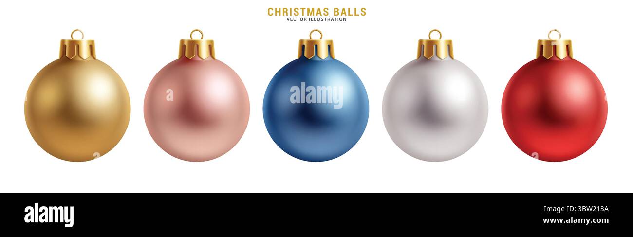 Weihnachtskugeln farbenfrohes Clipart-Set. Farbenfrohe Weihnachtskugeln Clip-Art mit einfarbigen, glänzenden, glänzenden und runden Kugeln für Dezember Stock Vektor