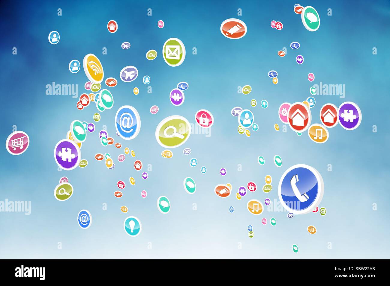 Farbenfrohe, flache App-Symbole schwebt in der digitalen Benutzeroberfläche über einem Hintergrund mit einem weichen blauen Farbverlauf Stockfoto