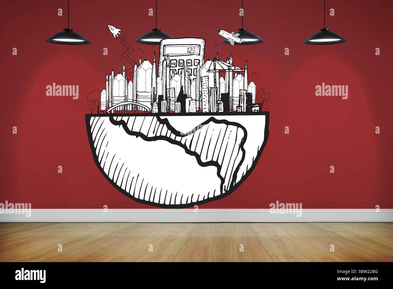 Halbe Welt Grafik in leerem roten Raum Stockfoto