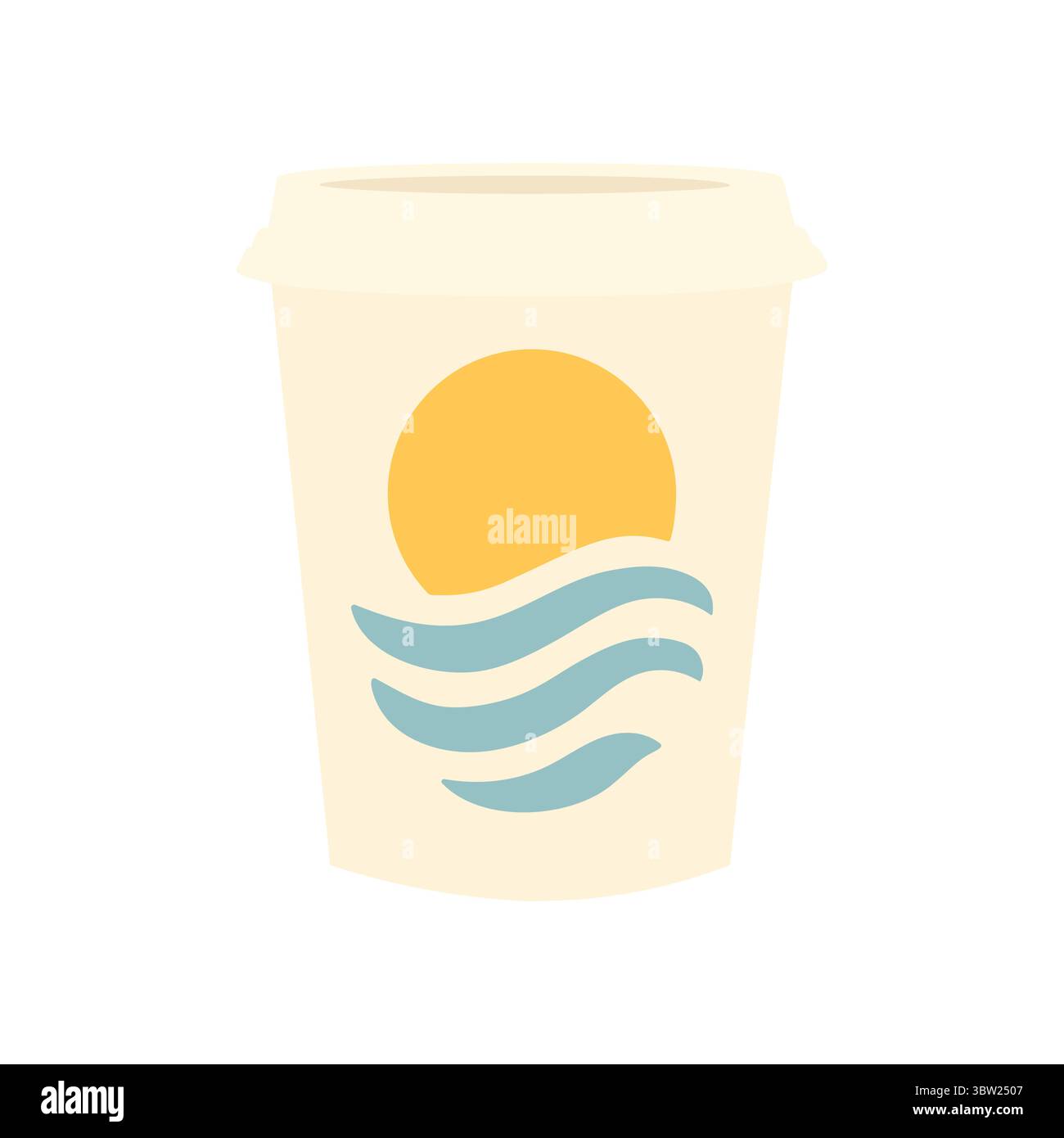 Einweg-Kaffeetasse mit Sonne- und Meereswellen-Symbol auf hellem Hintergrund, minimales Sommergetränk-Konzept Stock Vektor