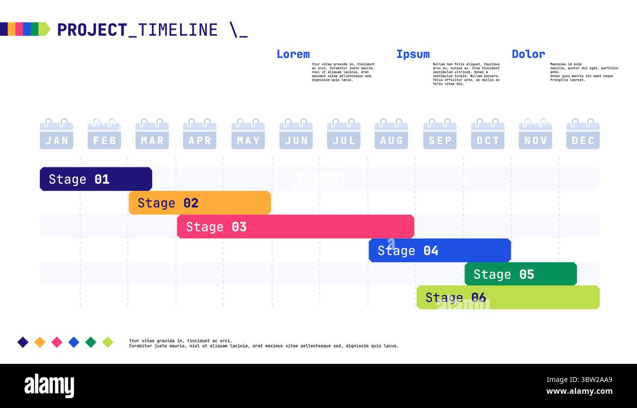 Projektzeitplan. Moderner Infografik-Jahreskalender mit Gantt-Diagramm, Roadmap für Geschäftsabläufe und Meilensteinelementen. Vektorprojekt-UI Stock Vektor