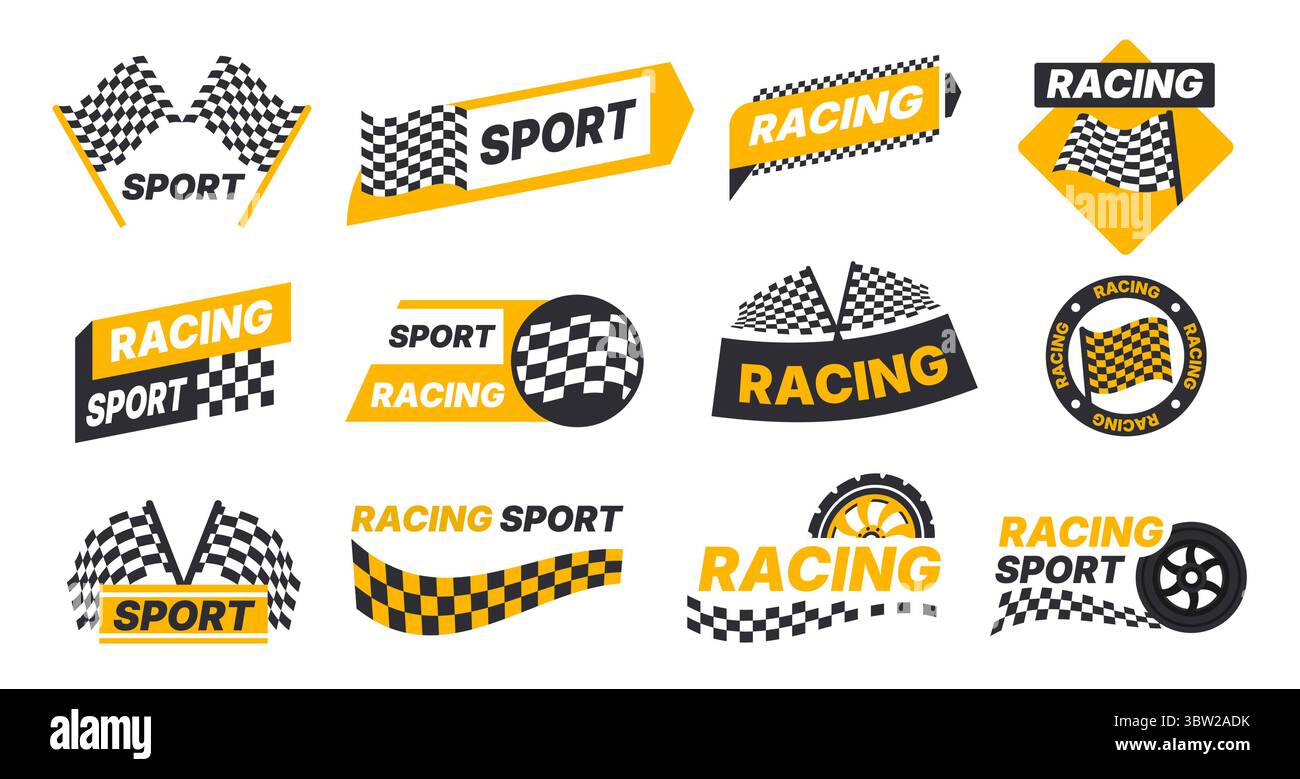 Racing Checker-Logo. Aufkleber mit sportlichem Karomuster und kariertem Rand, Rallye-Abzeichen im flachen Cartoon-Stil. Vektorprüfung des Zielrennens Stock Vektor