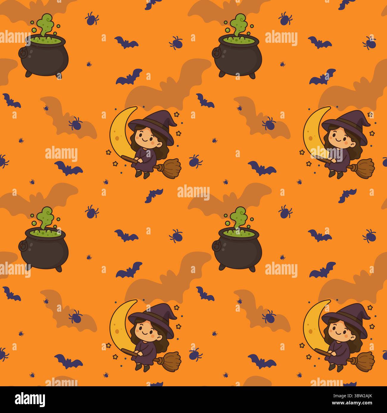 Nahtloses Halloween-Muster mit fliegender Hexe, Kessel, Fledermäusen und Spinnen auf orangefarbenem Hintergrund Stock Vektor