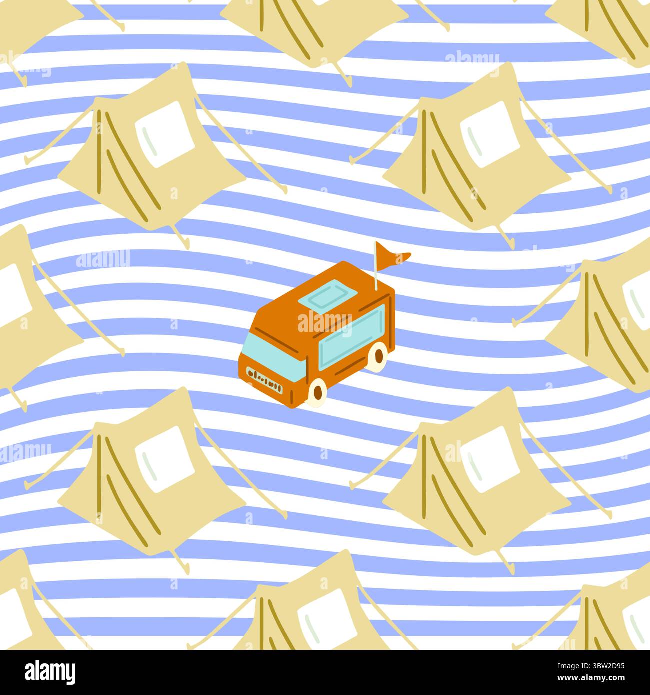 Camping Zelt Wohnmobil Muster Design. Nahtlose Cartoon-Zelte und orangener Wohnmobil auf welligem blauem Hintergrund im verspielten flachen Sommer-Stil. Stock Vektor