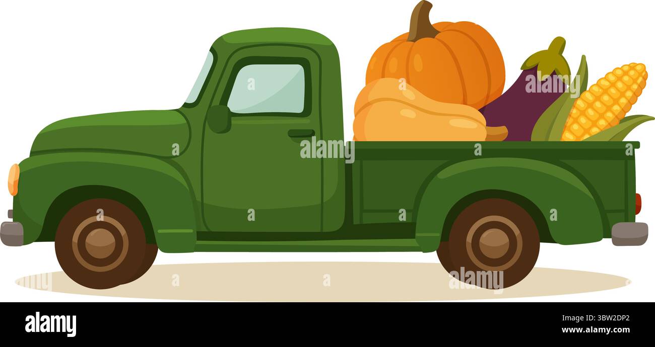 Grüner Vintage-Pickup-Truck mit Kürbis-Kürbis-Mais und Auberginen für die Herbsternte Stock Vektor