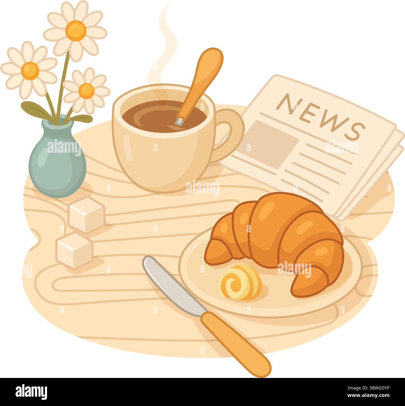 Frühstück in einem europäischen Café mit Zeitung, Kaffee, Croissant mit Butter und Gänseblümchen in einer Vase in zarten Farben Stock Vektor