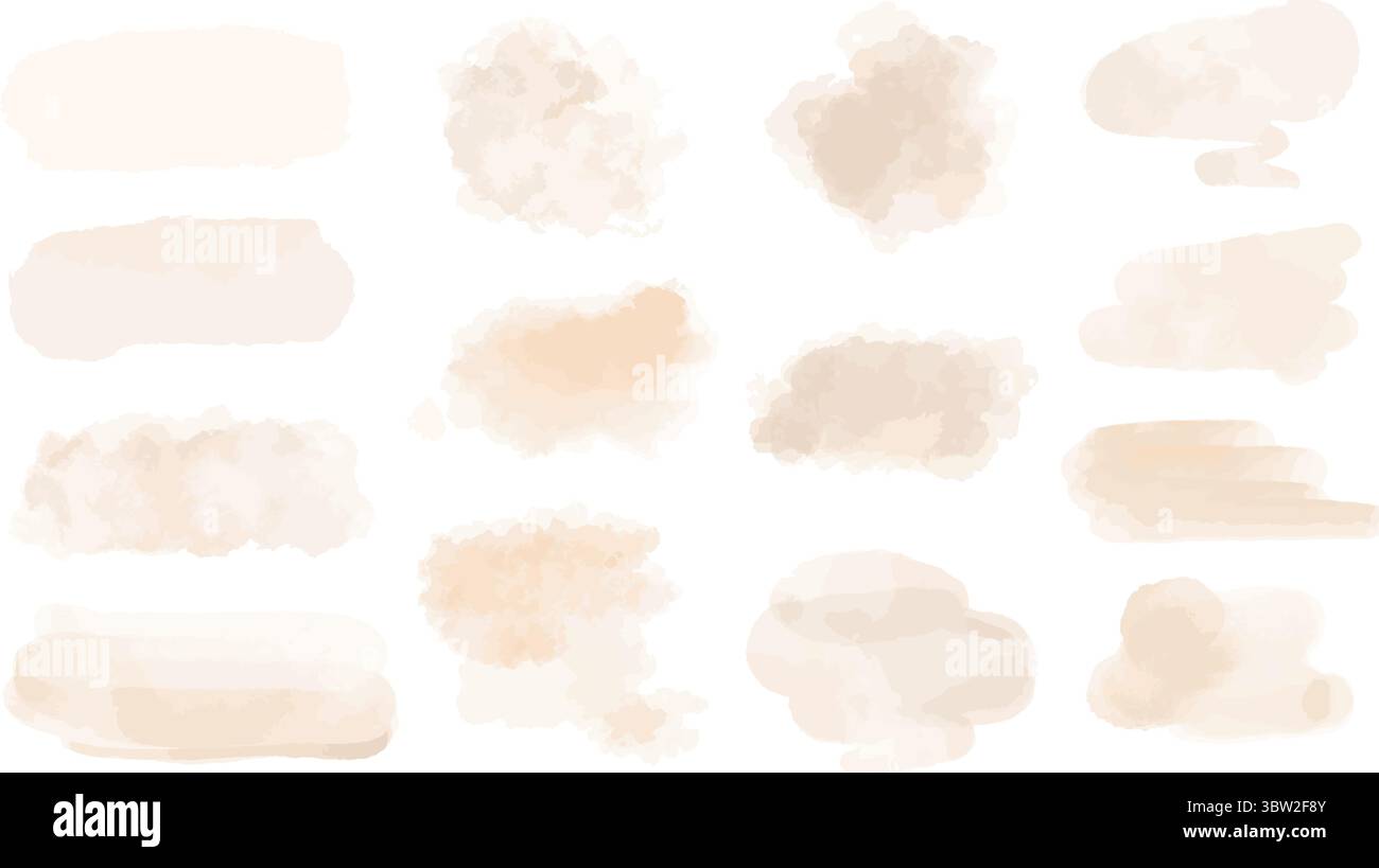 Zarte beige Pastell Aquarellflecken Set. Hellbraune, durchscheinende Pinselstriche in verschiedenen Formen. Cremefarbene, strukturierter Hintergrund, Farbe Stock Vektor