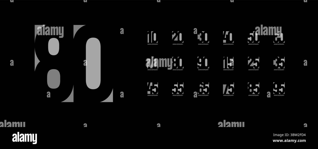 Elegante Grayscale Jubiläumsnummern auf Schwarz. Raffinierte Grafik für Geburtstag, Feier, Meilenstein-Branding, jahrelange Identität. Fett Stock Vektor