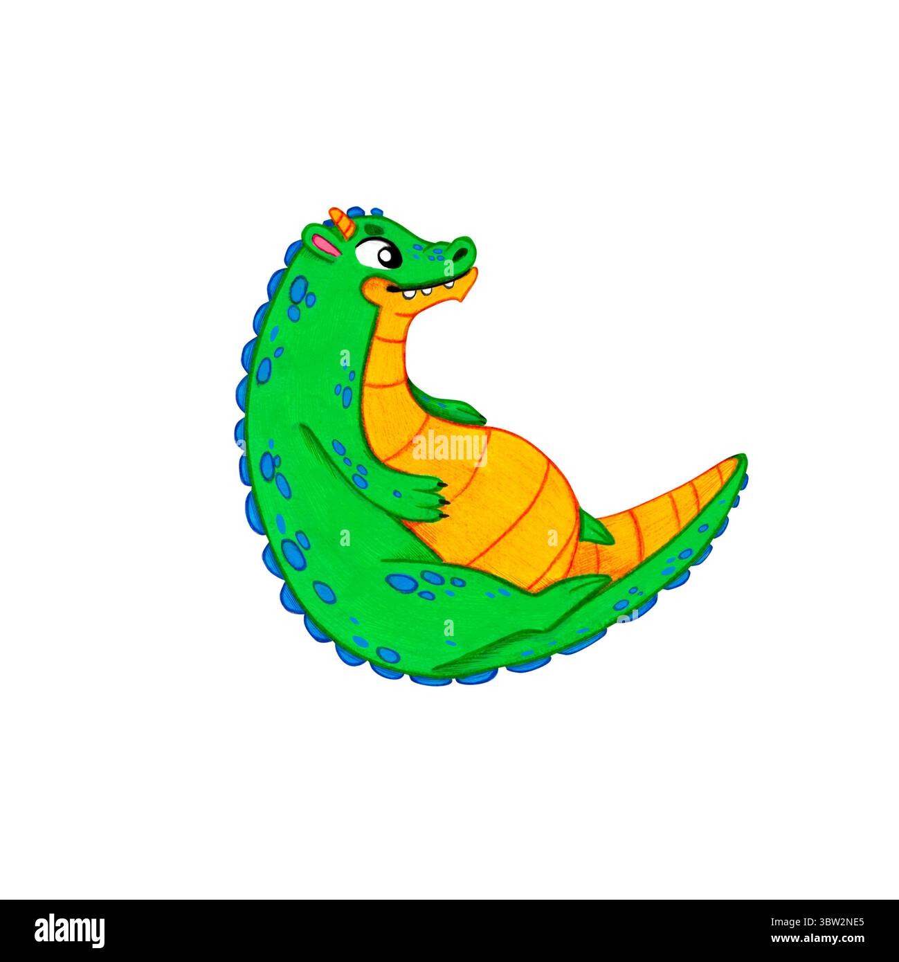 Ein grüner Drache auf weißem Hintergrund. Aquarellillustration einer fantastischen Bestie aus einem Märchen und einer Legende. Perfekt für Kinderbücher, e Stockfoto