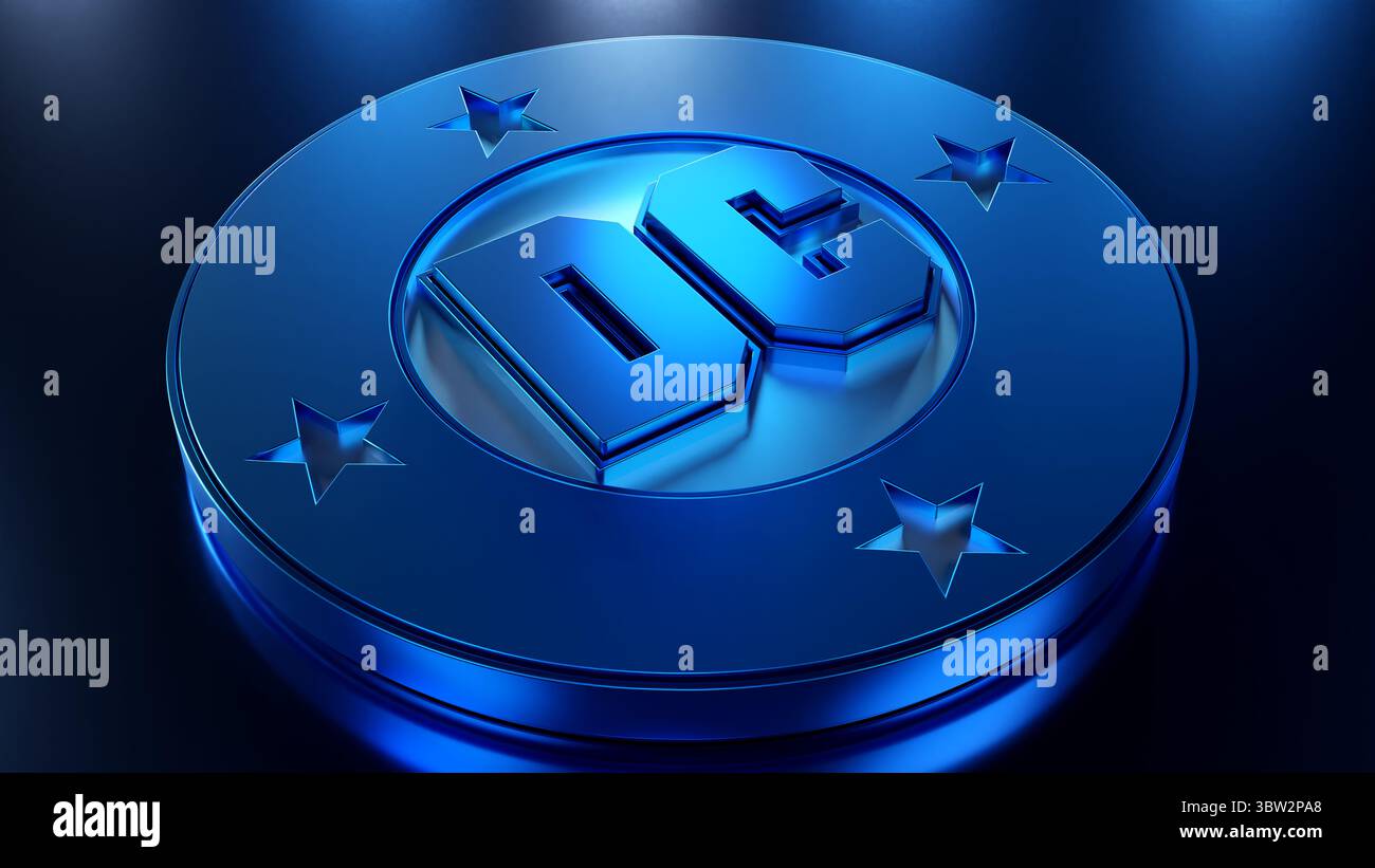 DC-Logo mit glänzenden Elementen Stockfoto