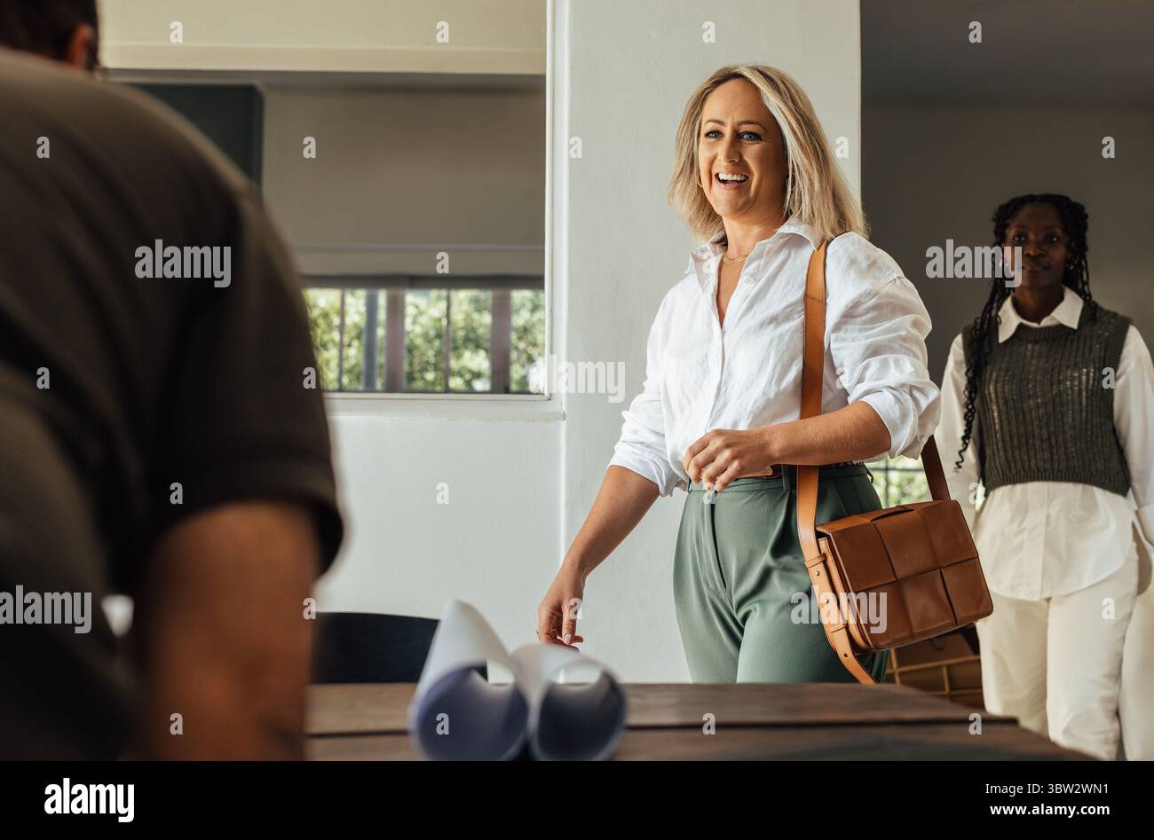 Ein Team von Architekten, darunter eine junge Frau und eine Frau mittleren Alters, arbeitet in einer modernen Büroumgebung zusammen und betont Kreativität und Teamgeist Stockfoto
