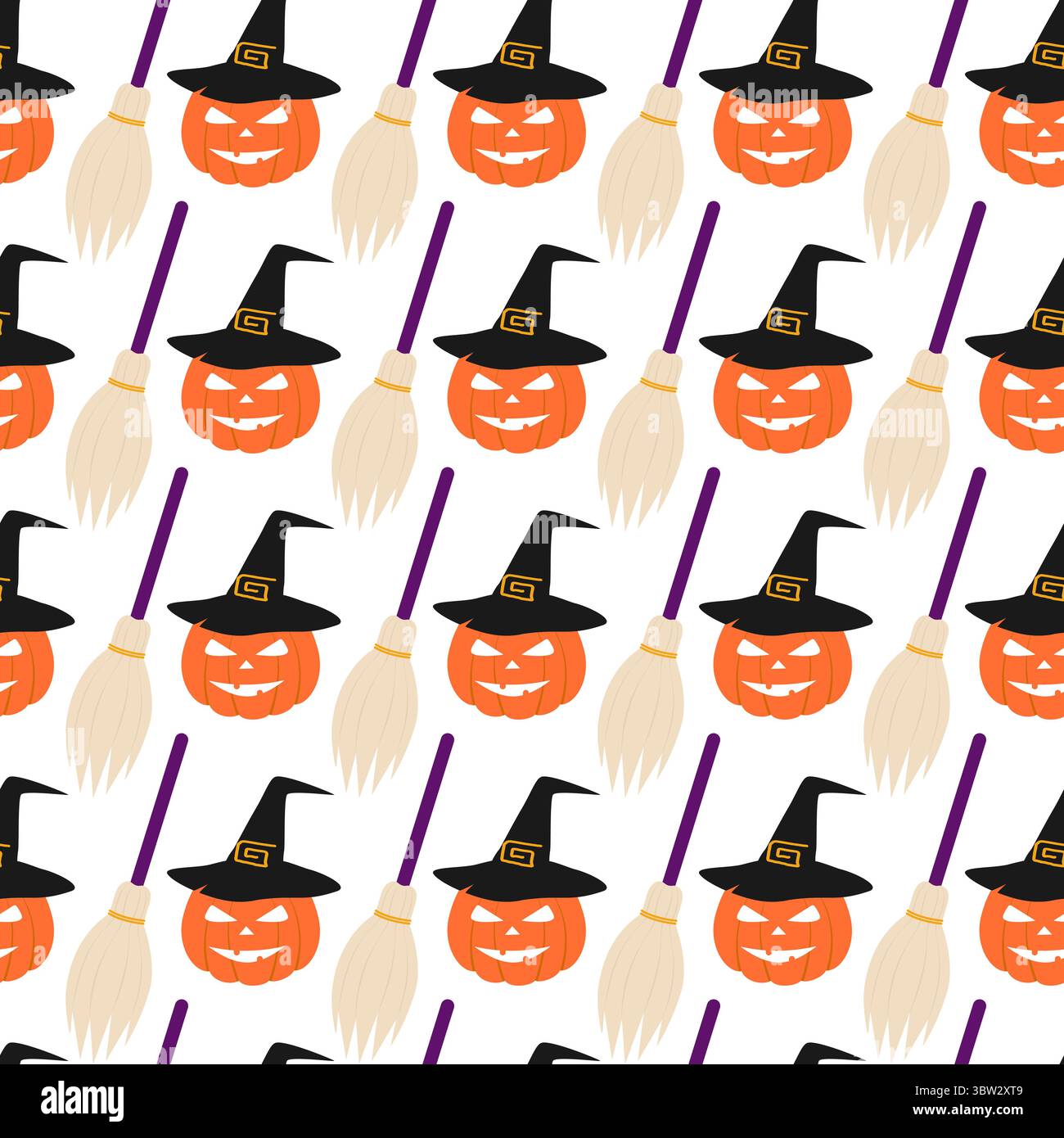 Halloween Kürbis in Hexenhut und Besen nahtlose Muster Halloween minimalistische Hintergrundee. Isolierte Vektor-Illustration Halloween Gruß Hintergrund Party Einladung oder Banner, Flugblätter, Preis Stock Vektor
