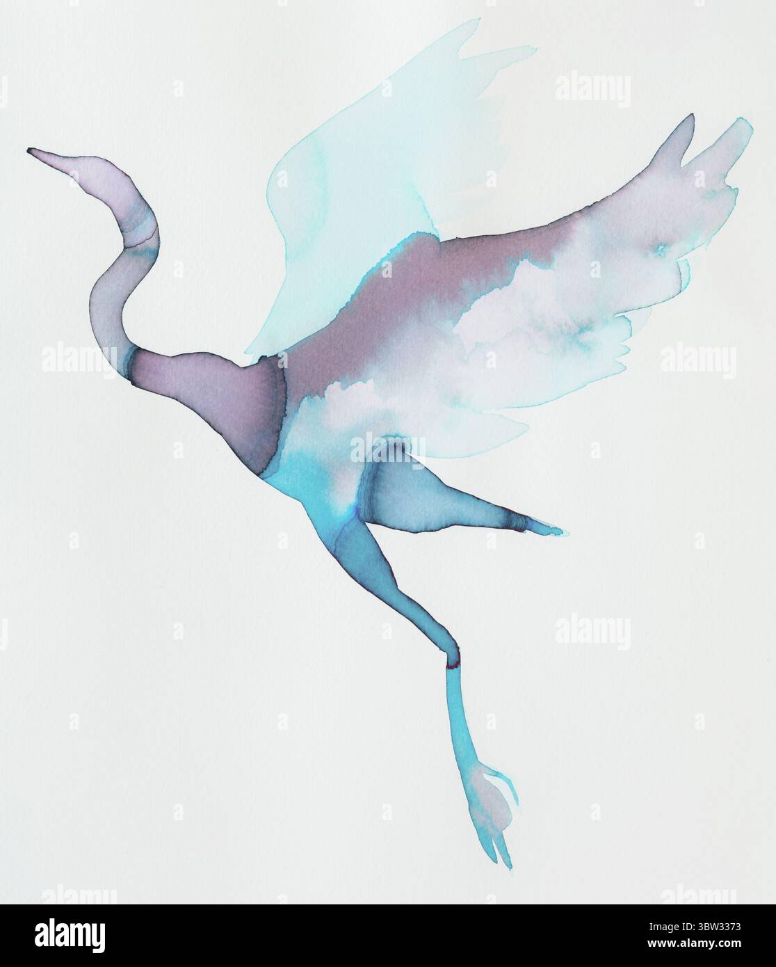 Elegante Aquarelldarstellung eines Krans in der Mitte des Fluges in sanften Pastelltönen Stockfoto
