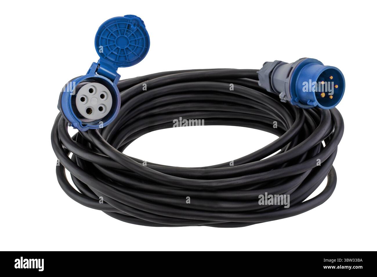 Industrielles Verlängerungskabel mit blauem Stecker Stockfoto