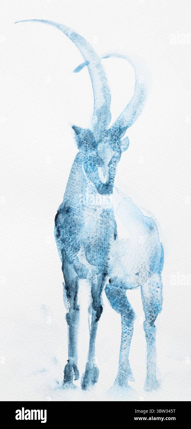 Künstlerische Darstellung einer blauen Tuschgazelle auf weißem Hintergrund mit eleganter Form Stockfoto