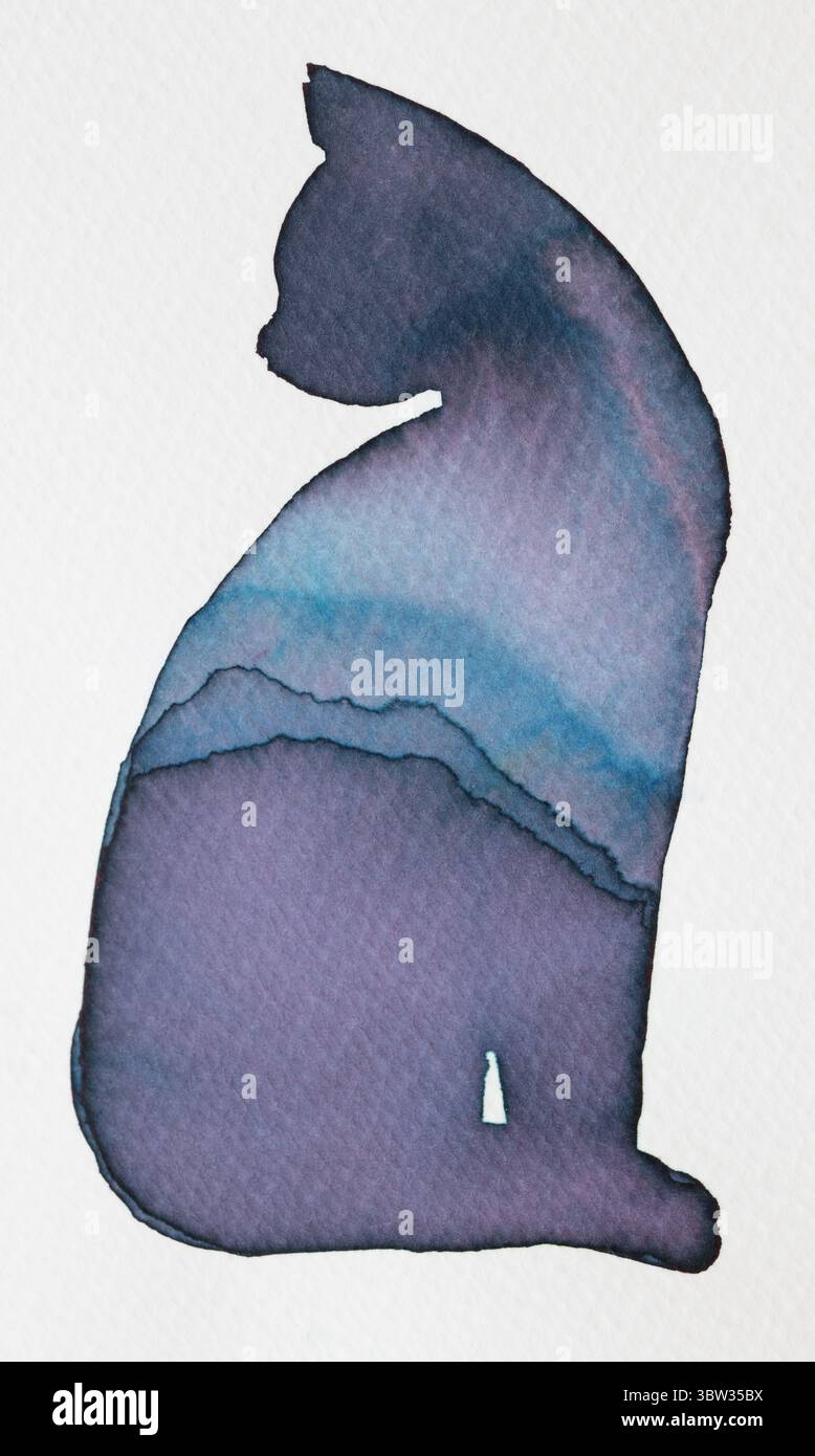 Silhouette einer Katze, gefüllt mit einem Farbverlauf von beruhigenden blauen und violetten Aquarelltönen Stockfoto