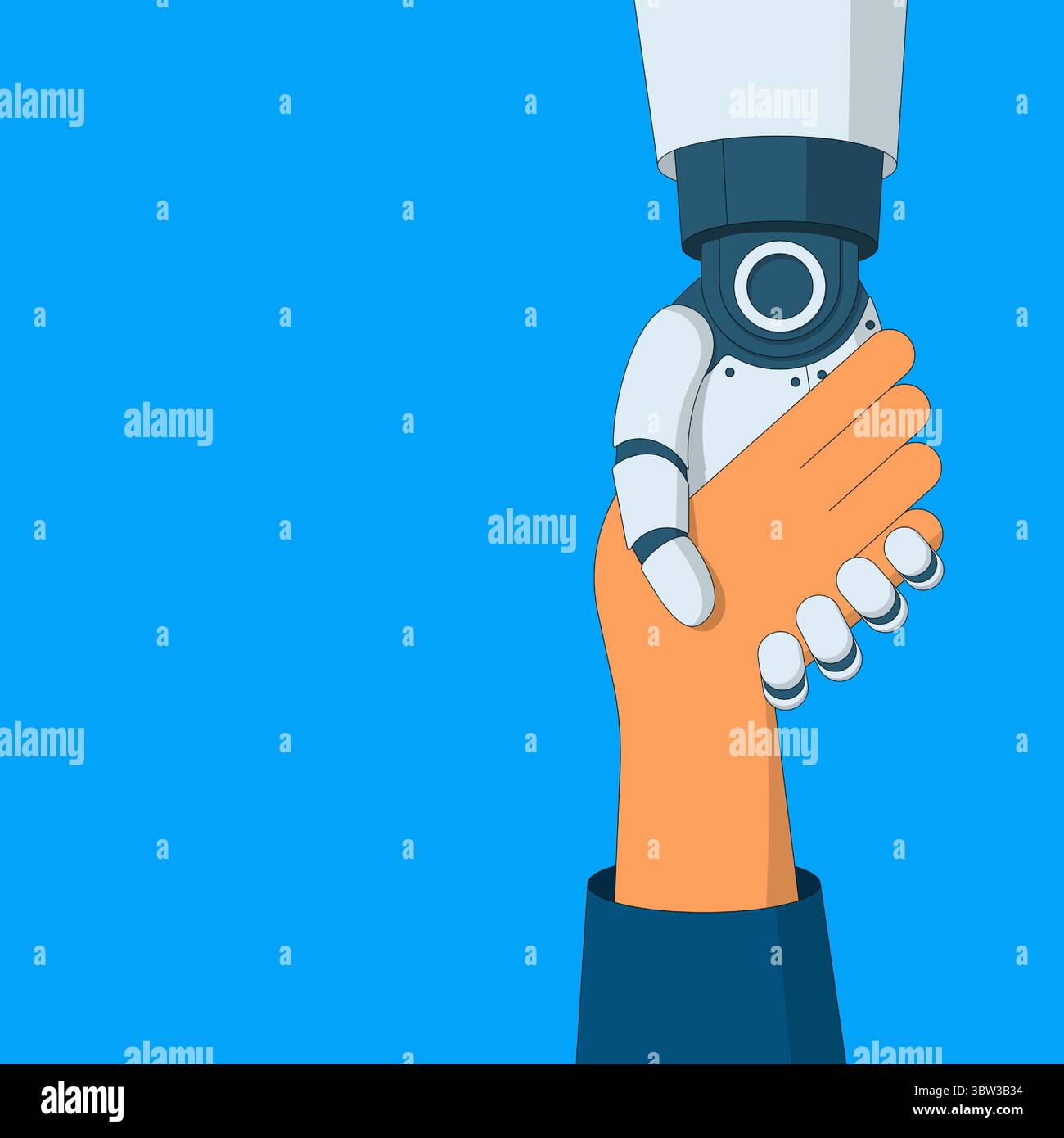 Roboterhand, die menschliche Hand herauszieht oder hilft. Das Konzept der künstlichen Intelligenz, die Menschen in schwierigen Situationen hilft. Vektorabbildung. Stock Vektor