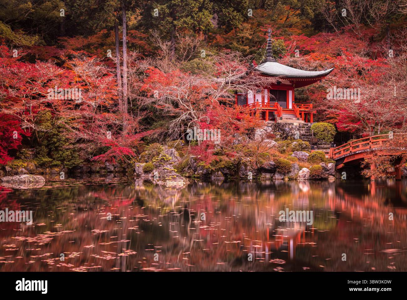 Blick auf eine lebendige rote Pagode inmitten feuriger Herbstlaub, die sich im ruhigen Wasser eines Teichs spiegelt, Kyoto, Japan. Stockfoto